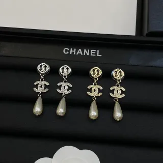 Chanel CC Brincos Pearl Drop Prata Dourado Logo Interlocking Cristal Encrusted