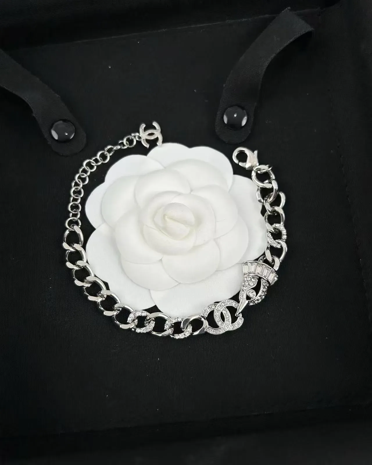 Chanel Chain Bracelet Silver White Chunky Curb Interlocking CC Logo Clasp Bracelet 6