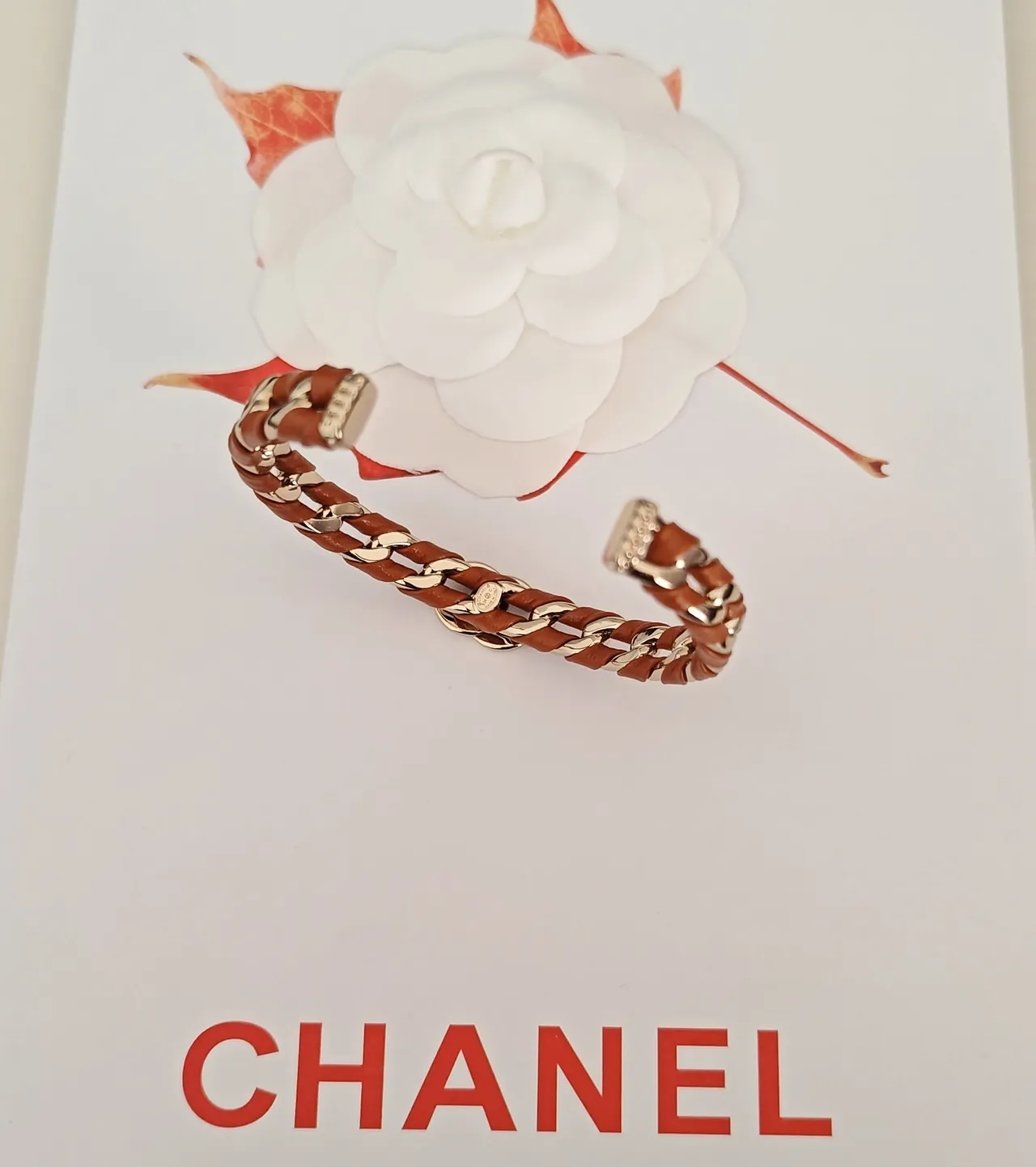 Chanel 链条手链 棕褐色皮革和银色金属袖口手链 4