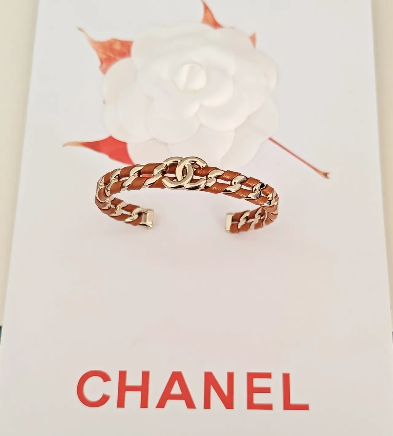 Chanel 链条手链 棕褐色皮革和银色金属袖口手链 5