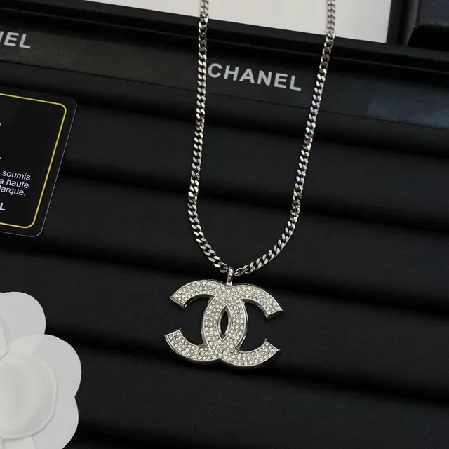 Chanel Classic CC Silver White Pavé-Crystal Logo Curb Chain Necklace 3