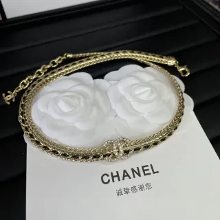 Chanel كلاسيكي سلسلة قلادة ذهبي أسود مضفر نقش تفاصيل قلادة