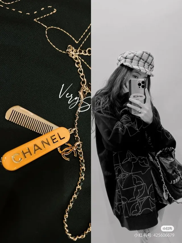 Chanel Peigne Collier Orange Noir Émail Baril Charme Gold-Tone et Métal Colier 9