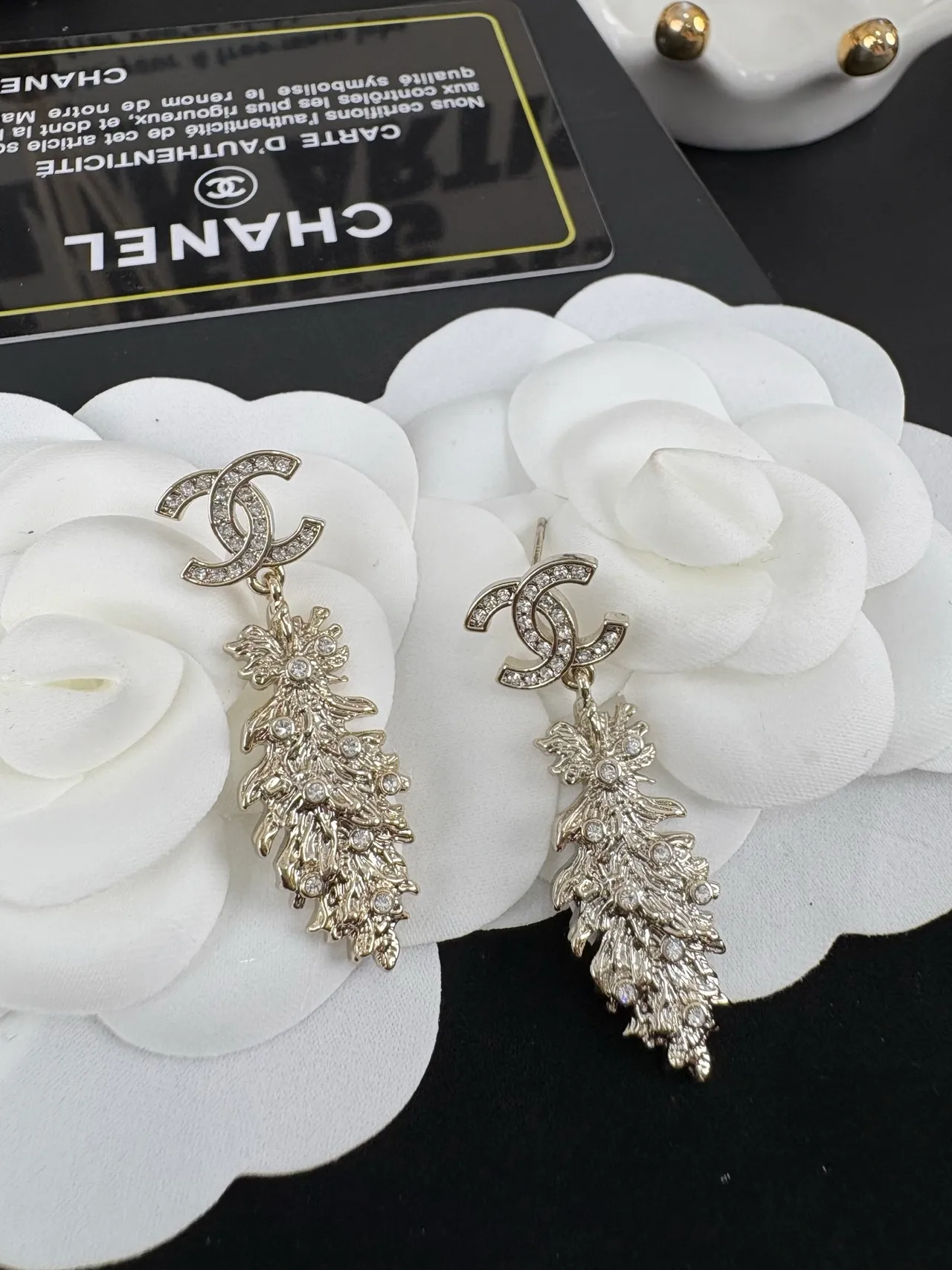 Chanel Crystal-Pavé CC Logo Leaf Drop Earrings 2