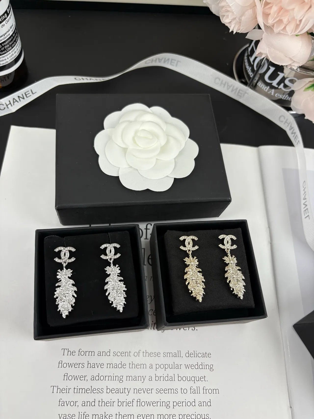 Chanel Crystal-Pavé CC Logo Leaf Drop Earrings 3