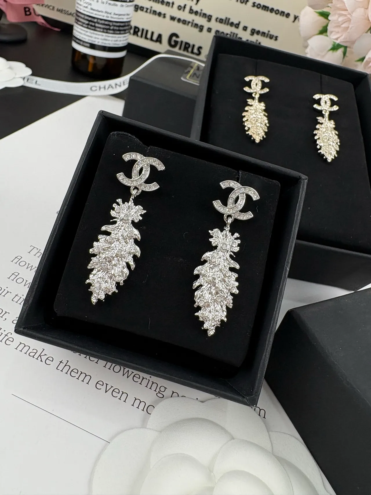 Chanel Crystal-Pavé CC Logo Leaf Drop Earrings 7