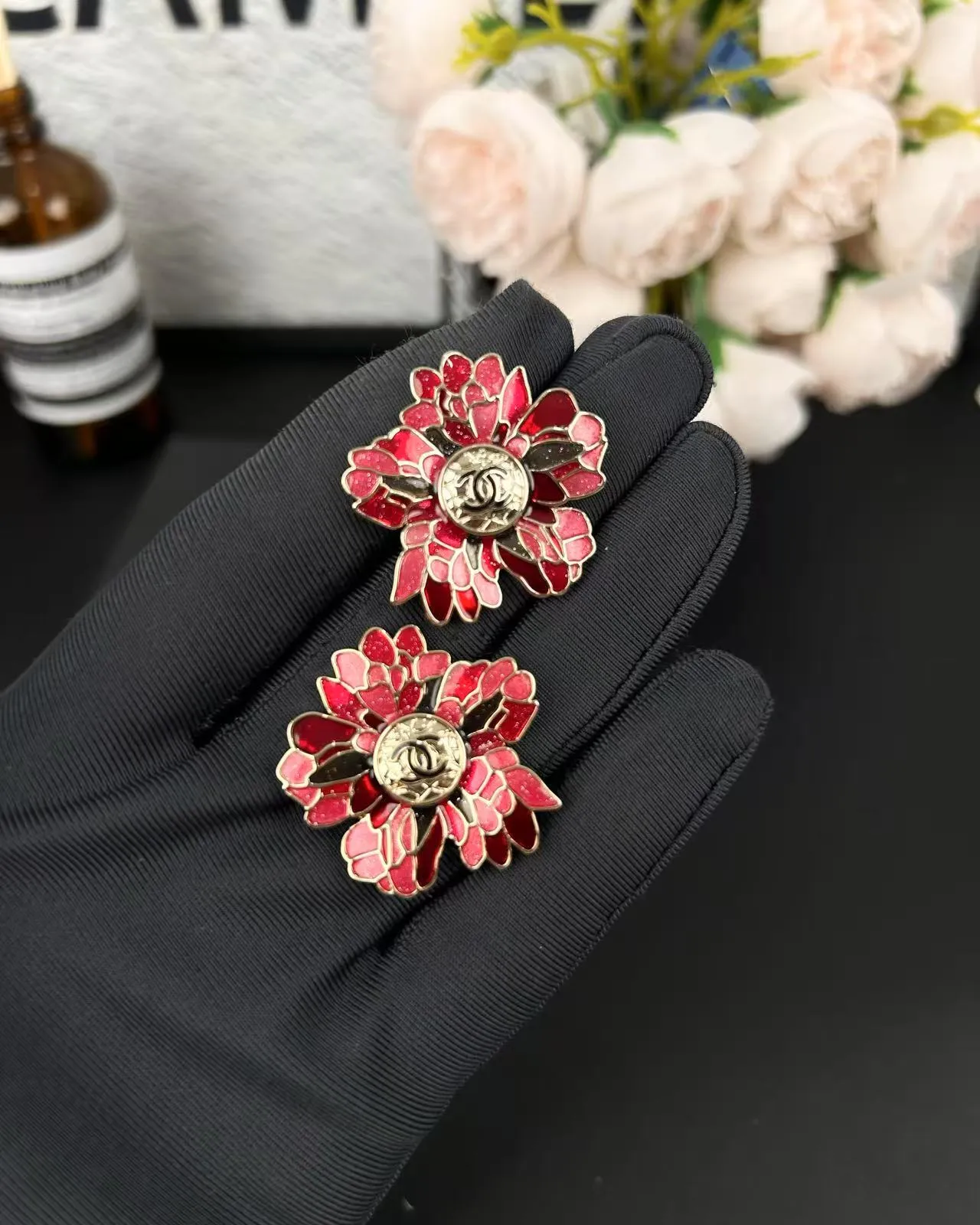 Chanel Floral Enamel CC Logo Stud Earrings 9