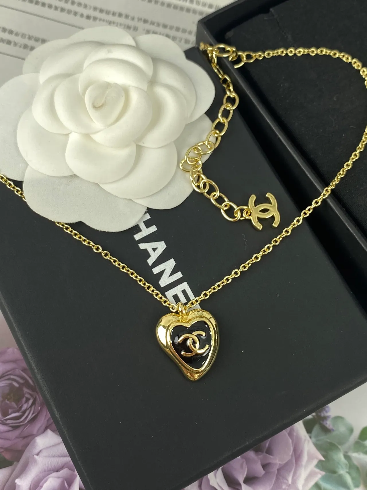 Chanel Gold Black Chain Heart-Shaped Pendant Necklace 11