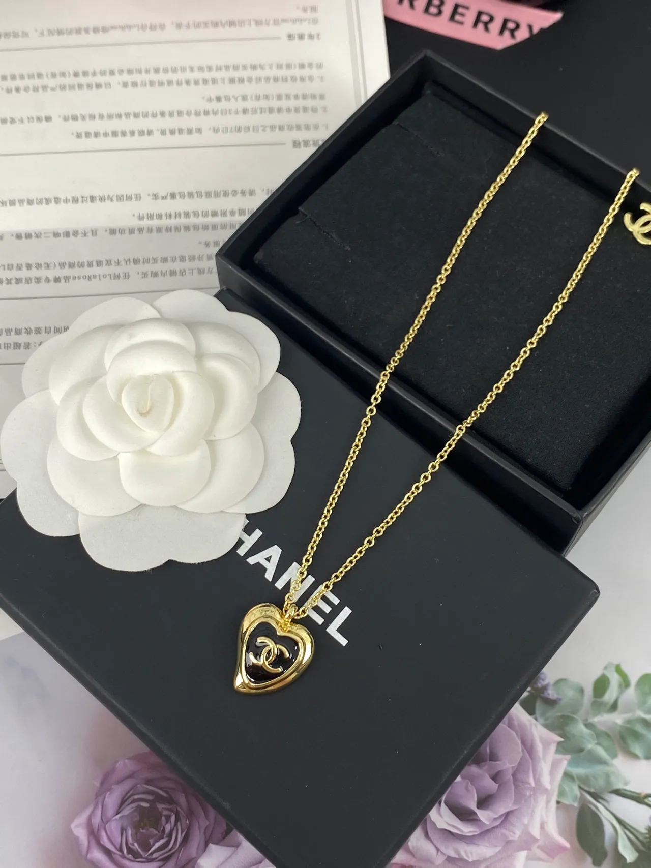 Chanel Gold Black Chain Heart-Shaped Pendant Necklace 12