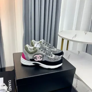 Chanel ধূসর কালো টুইড-প্যানেল চংকি স্নীকার