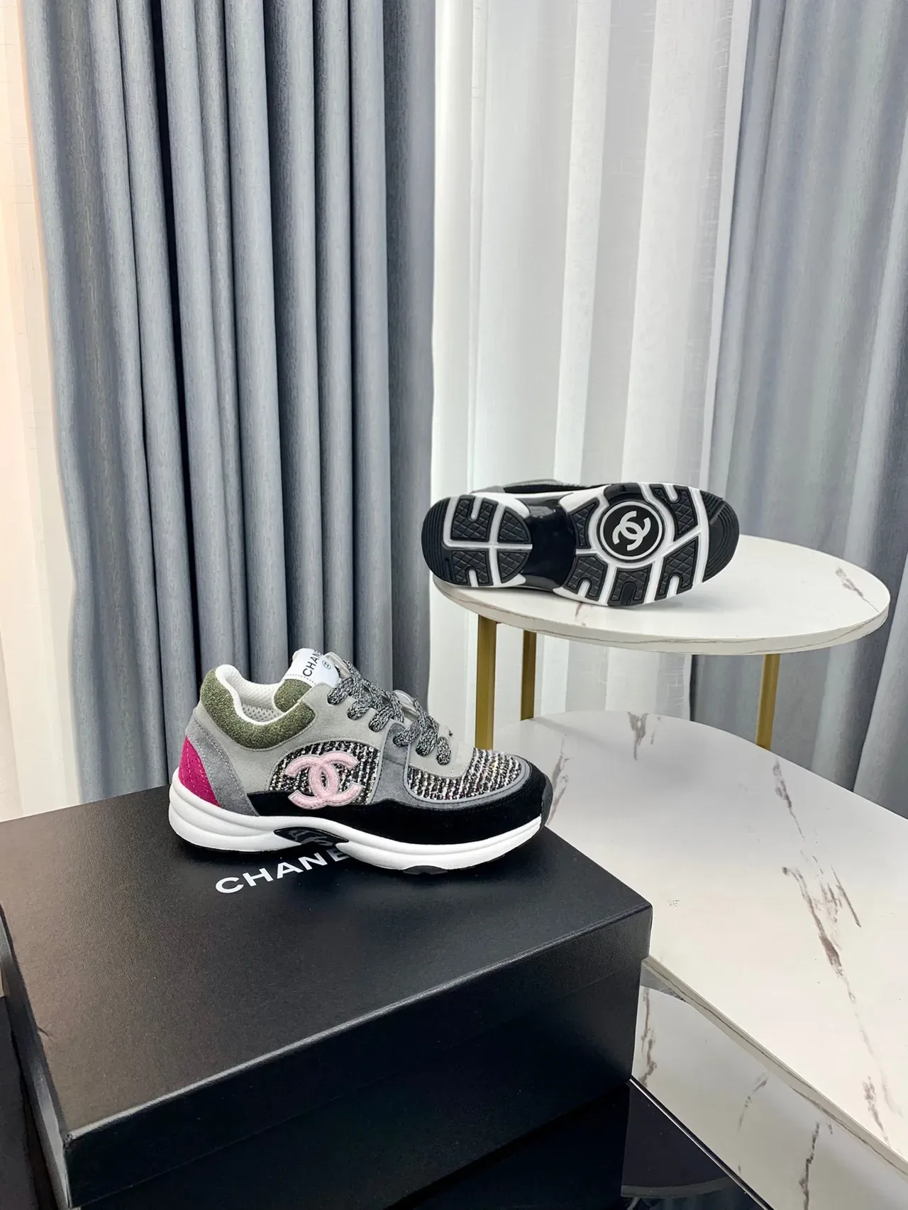 Chanel Gray Black Tweed-Panelled Chunky Sneakers 3