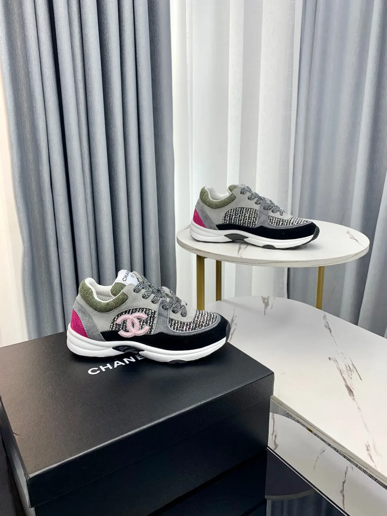 Chanel Gray Black Tweed-Panelled Chunky Sneakers 4