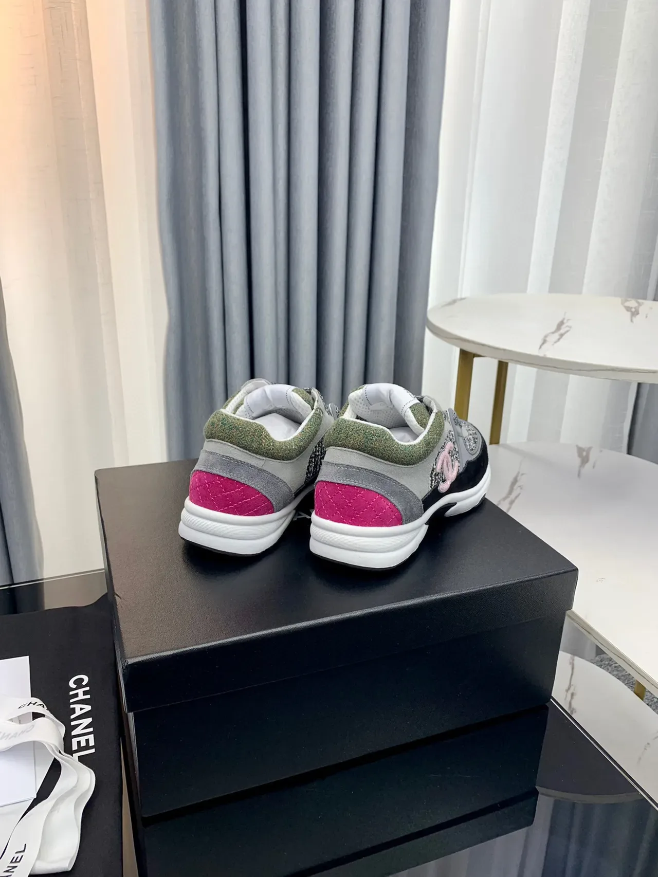 Chanel Gray Black Tweed-Panelled Chunky Sneakers 6