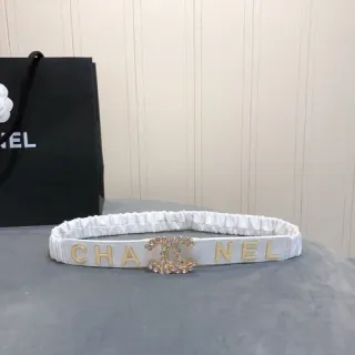 Chanel Logo Belt White Gold Ruched Fabric Lettering Leather Belt