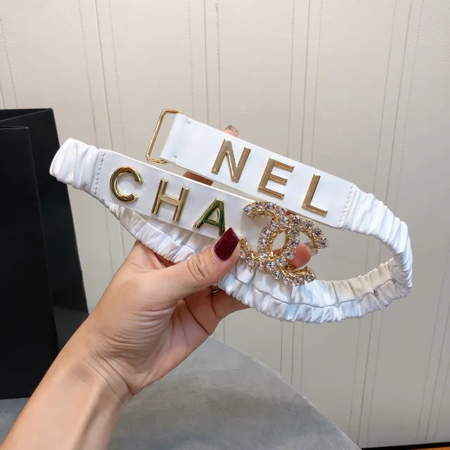 Chanel Logo Belt White Gold Ruched Fabric Lettering Leather Belt 3