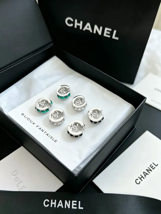 Chanel Boucles d'oreilles Argent Noir Créole à Bisagra Pierres Facettées 2