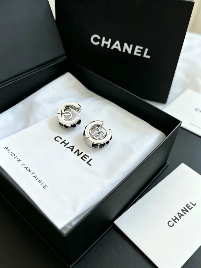 Chanel Boucles d'oreilles Argent Noir Créole à Bisagra Pierres Facettées 7