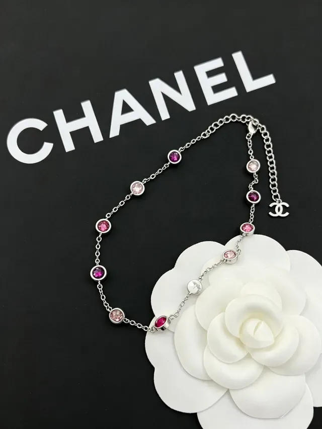Chanel Silver Pink Chain Round Bezel-Set And Magenta Stones Necklace 2