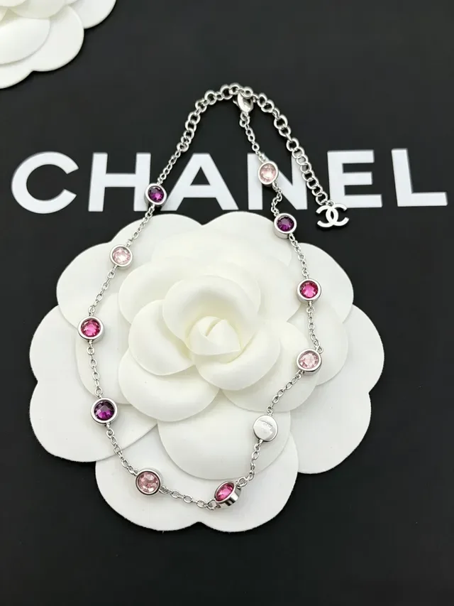 Chanel Silver Pink Chain Round Bezel-Set And Magenta Stones Necklace 4