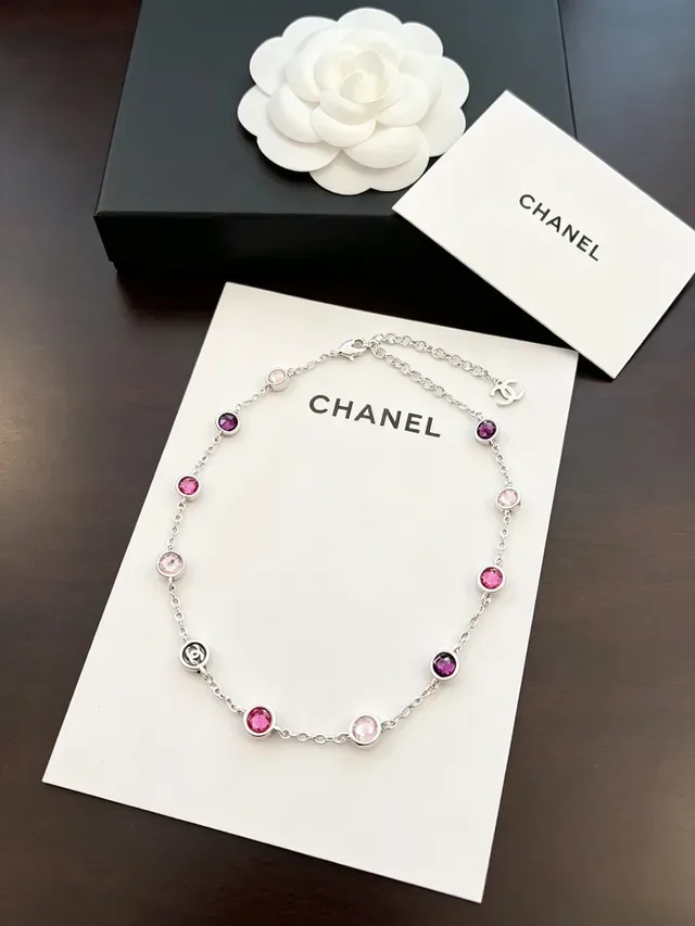 Chanel Silver Pink Chain Round Bezel-Set And Magenta Stones Necklace 6