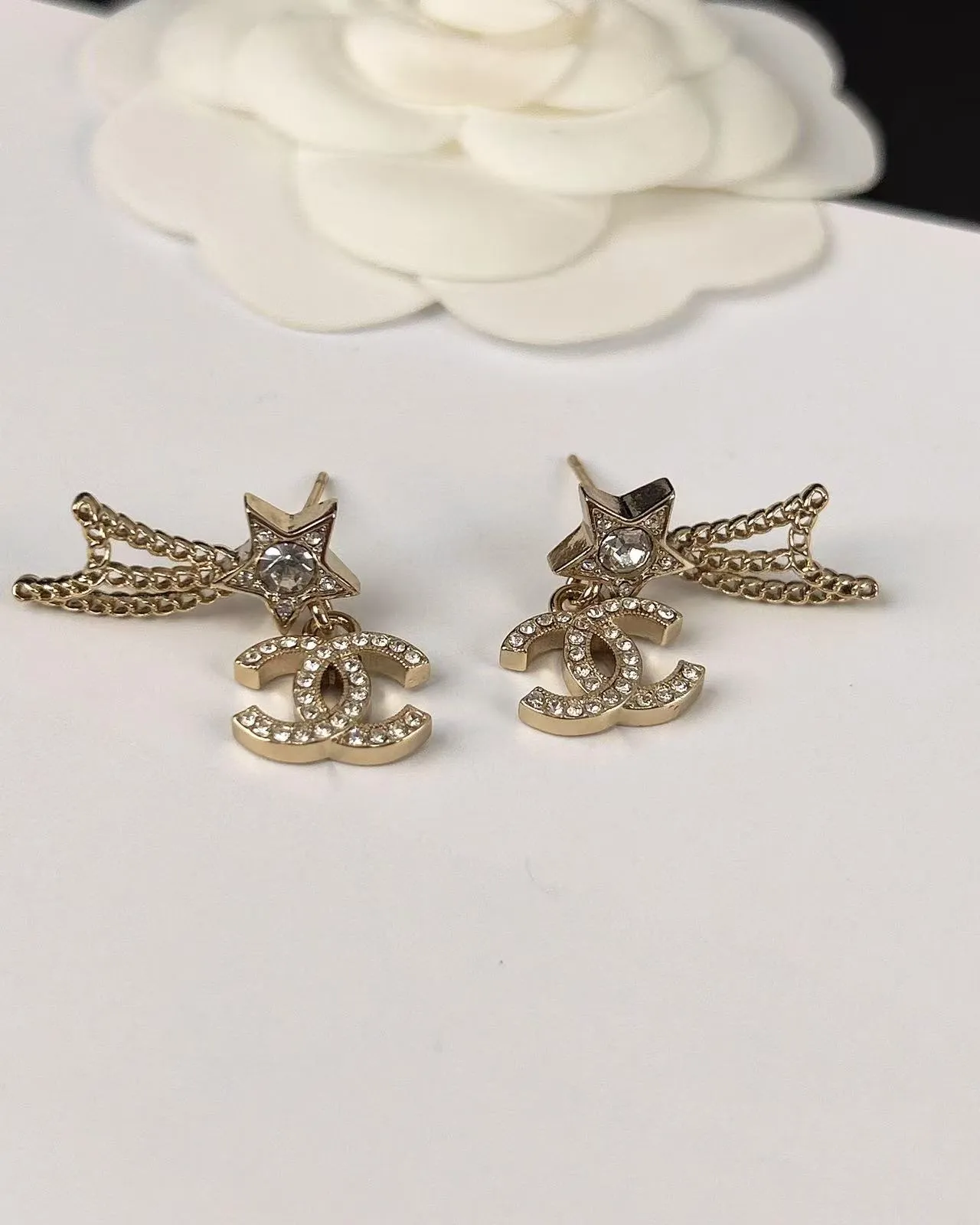 Chanel Estrela e CC Pavé-Crystal Dourado Corrente Pingente Brincos 3
