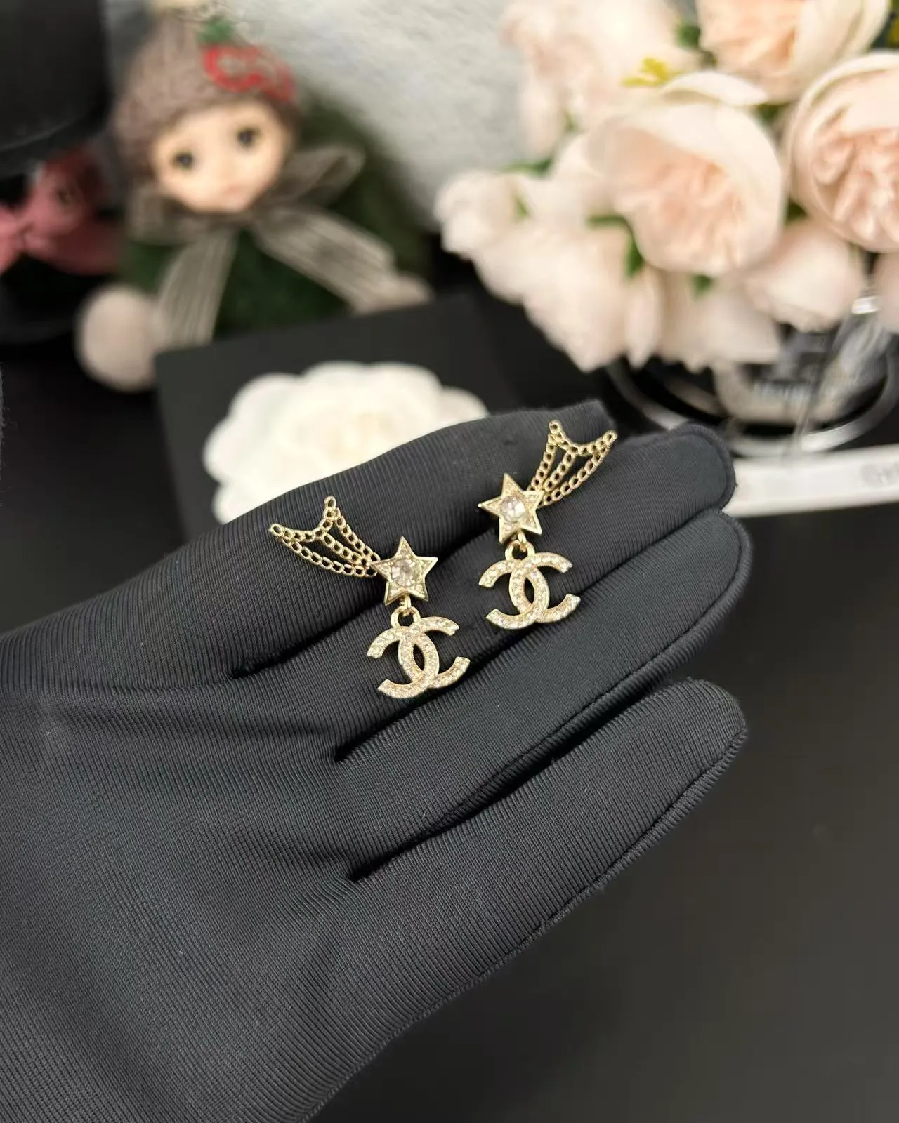 Chanel Estrela e CC Pavé-Crystal Dourado Corrente Pingente Brincos 4
