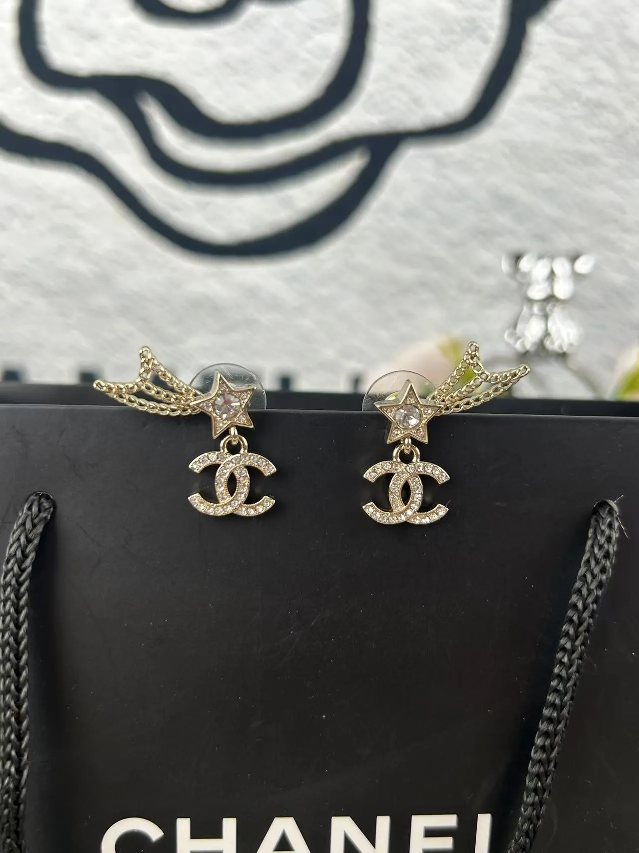 Chanel Estrela e CC Pavé-Crystal Dourado Corrente Pingente Brincos 5