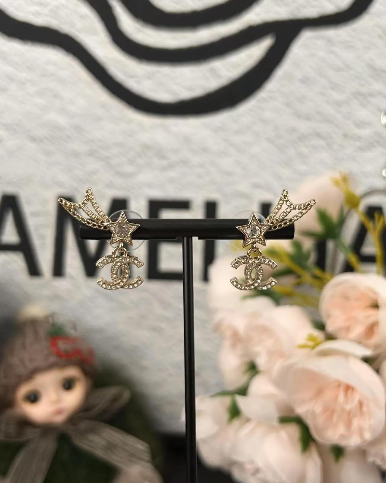 Chanel Estrela e CC Pavé-Crystal Dourado Corrente Pingente Brincos 6