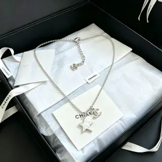 Chanel Star and CC قلادة Silver White Chain Dual-Charm Necklace