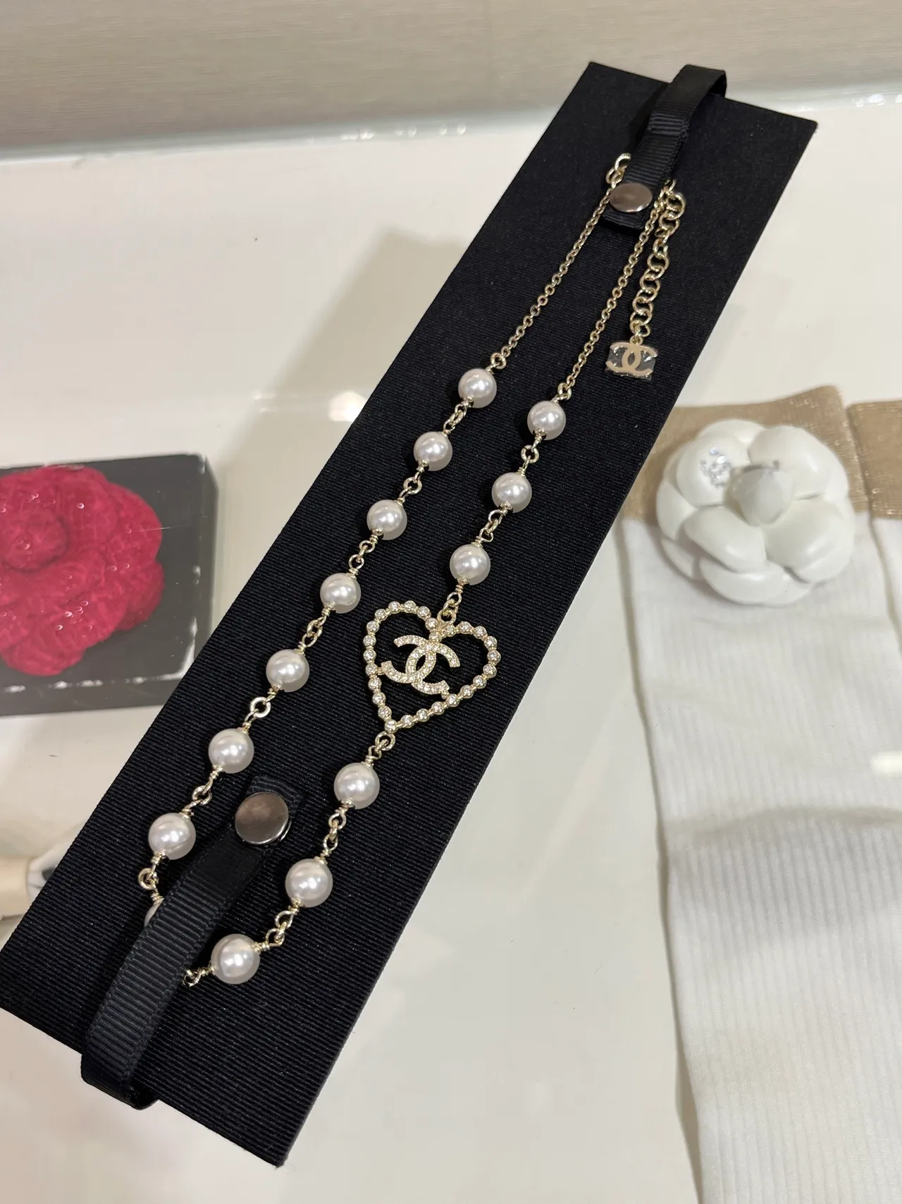 Chanel White Gold Pearl Strand Chain Necklace 5
