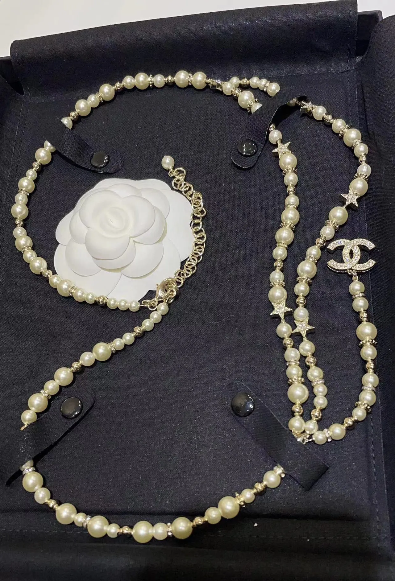 Chanel White Silver Pearl Strand Star Charms Necklace 7