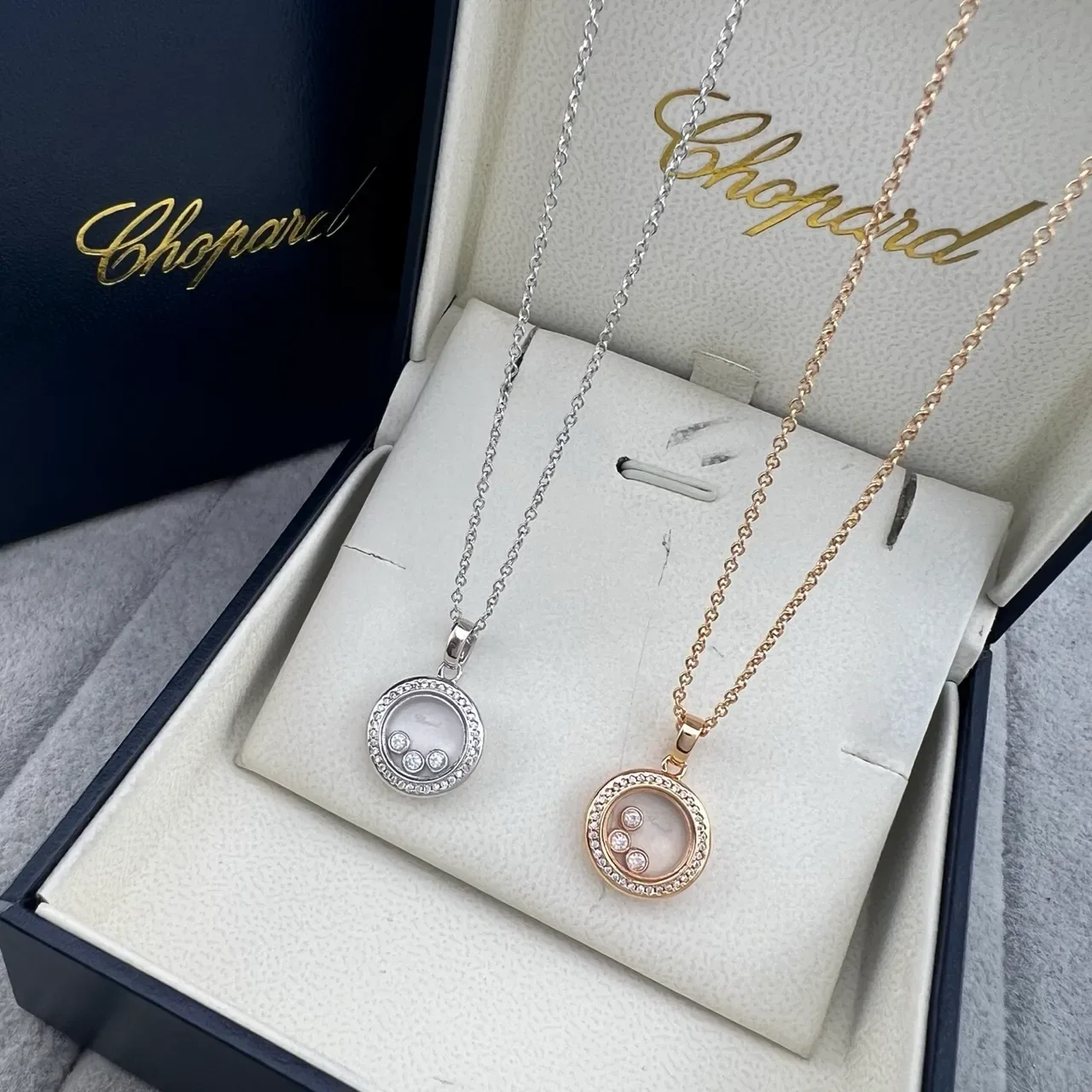 Chopard Happy Diamonds Gold Silver Rotating Disc Pendant Pavé Crystal Bezel Necklace 6