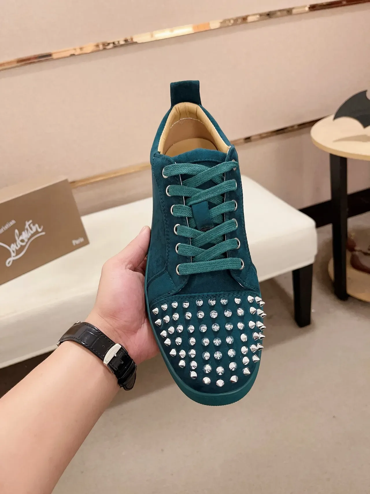 Christian Louboutin স্পাইকড টো স্নিকার নীল রূপালী টিল সুয়েড ক্যাপ লাইফস্টাইল স্নিকার 5