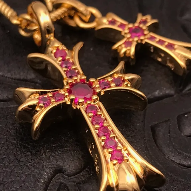 Chrome Hearts क्रॉस सुनहरी गुलाबी मुड़ी रस्सी श्रृंखला दोहरी लटकन माला 6
