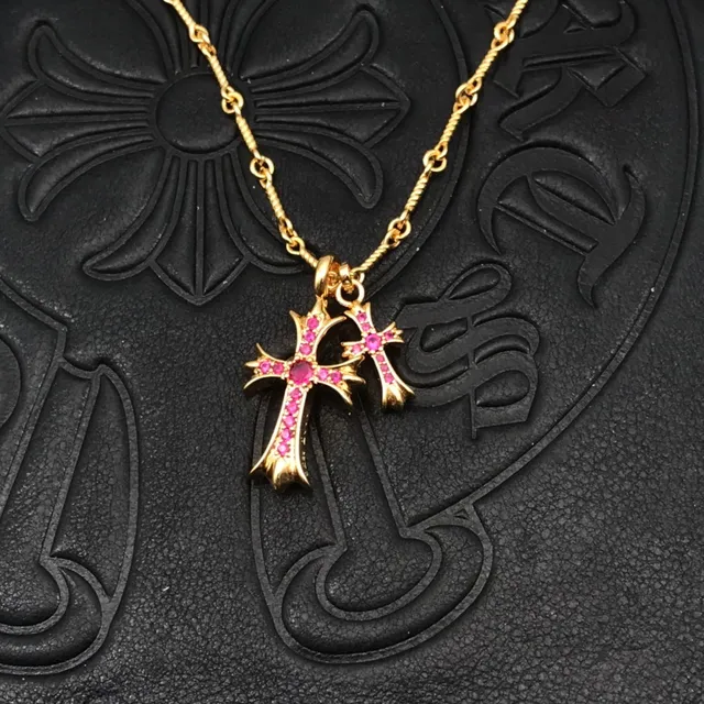 Chrome Hearts क्रॉस सुनहरी गुलाबी मुड़ी रस्सी श्रृंखला दोहरी लटकन माला 8