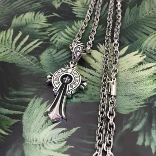 Chrome Hearts चांदी काला गोथिक क्रॉस पेंडेंट उत्कीर्ण ब्रांडिंग नेकलेस