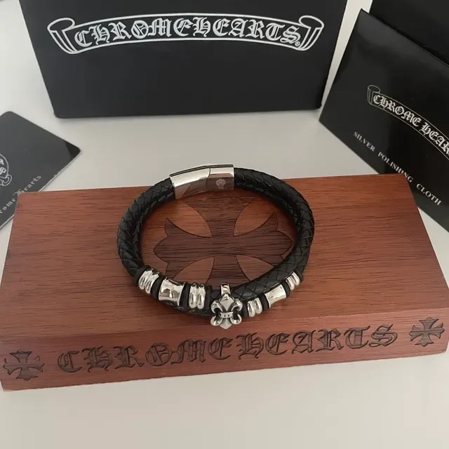 Chrome Hearts Fleur de Lis Barrel Bead Double-Wrap Leather Bracelet 2