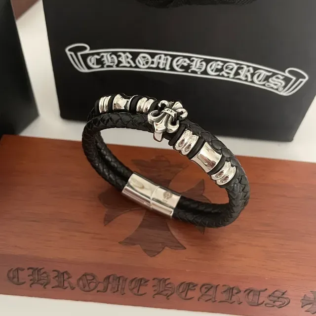 Chrome Hearts Fleur de Lis Barrel Bead Double-Wrap Leather Bracelet 3