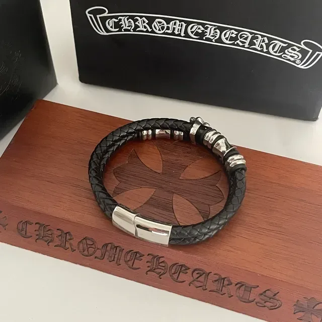 Chrome Hearts Fleur de Lis Barrel Bead Double-Wrap Leather Bracelet 4