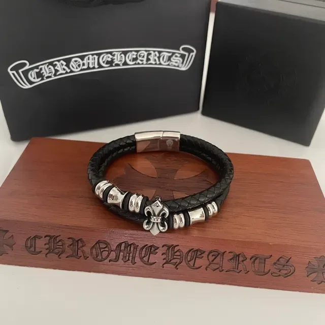 Chrome Hearts Fleur de Lis Barrel Bead Double-Wrap Leather Bracelet 5
