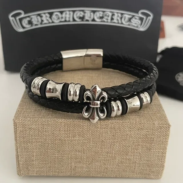 Chrome Hearts Fleur de Lis Barrel Bead Double-Wrap Leather Bracelet 6