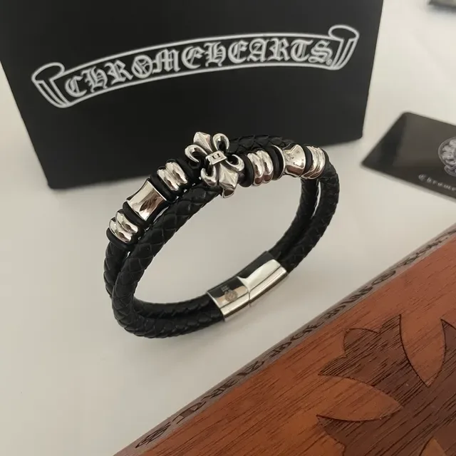 Chrome Hearts Fleur de Lis Barrel Bead Double-Wrap Leather Bracelet 9