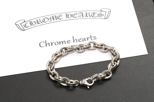 Chrome Hearts Silver Black Heavy Curb-Link Engraved Cross And Heart Motifs Bracelet 7