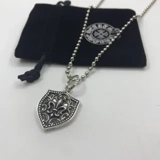 Chrome Hearts Silver Black Shield-Shaped Fleur-De-Lis Motif Necklace