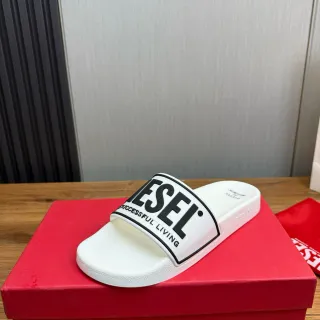 Diesel White Black Molded Rubber Sole Wide Branded Strap Slippers