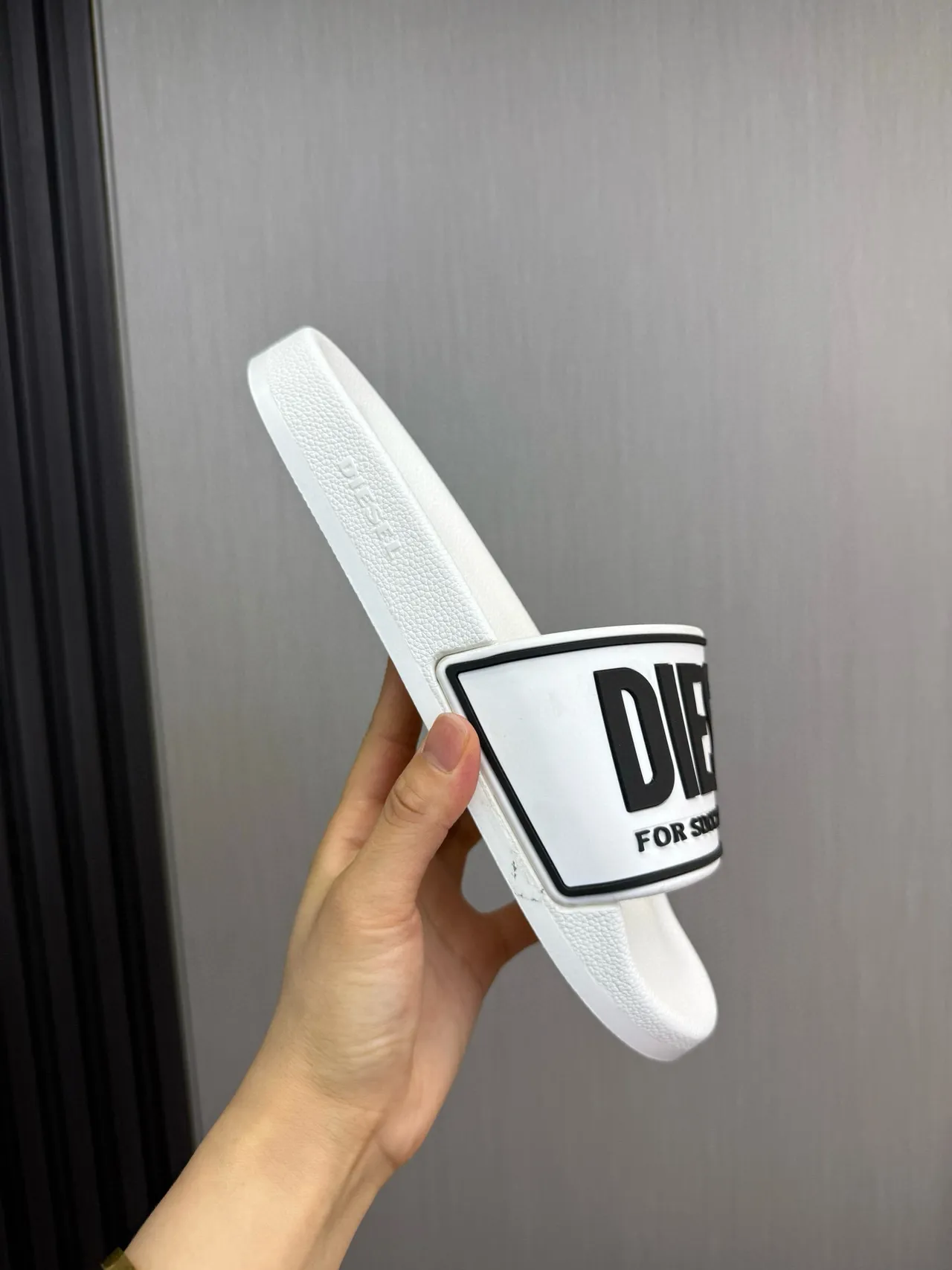 Diesel White Black Molded Rubber Sole Wide Branded Strap Slippers 7