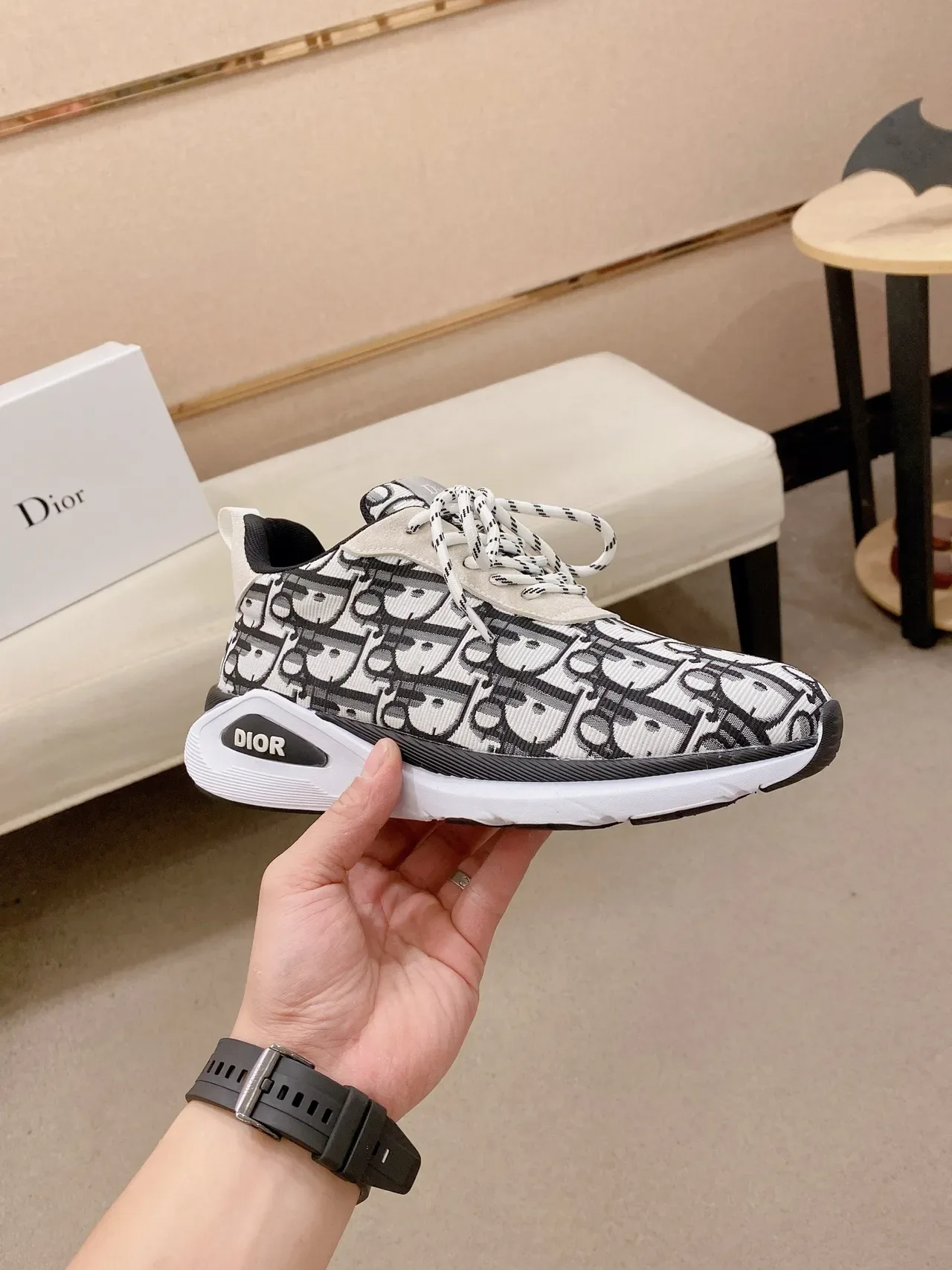 Dior Beige Black Monogram Jacquard Upper Sculpted White Midsole Lifestyle Sneakers 4