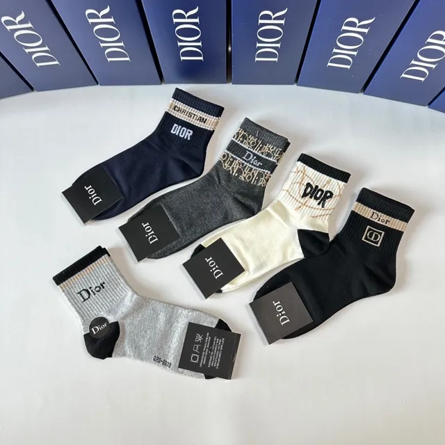 Dior Negro Gris Ribete Acanalado Logo Integrado Calcetines de Punto 5