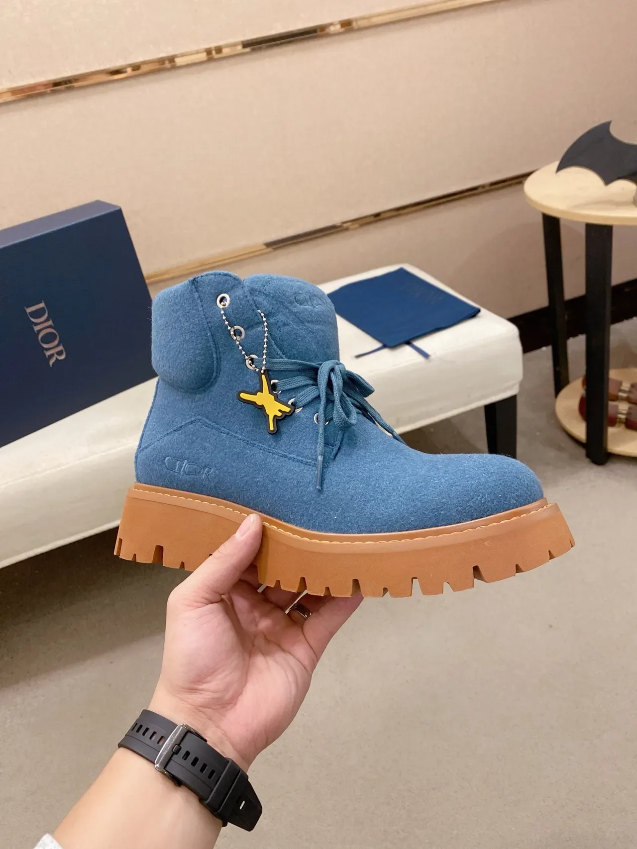 Dior Bottes de travail empeigne feutre bleu marron semelle chunky lug 5