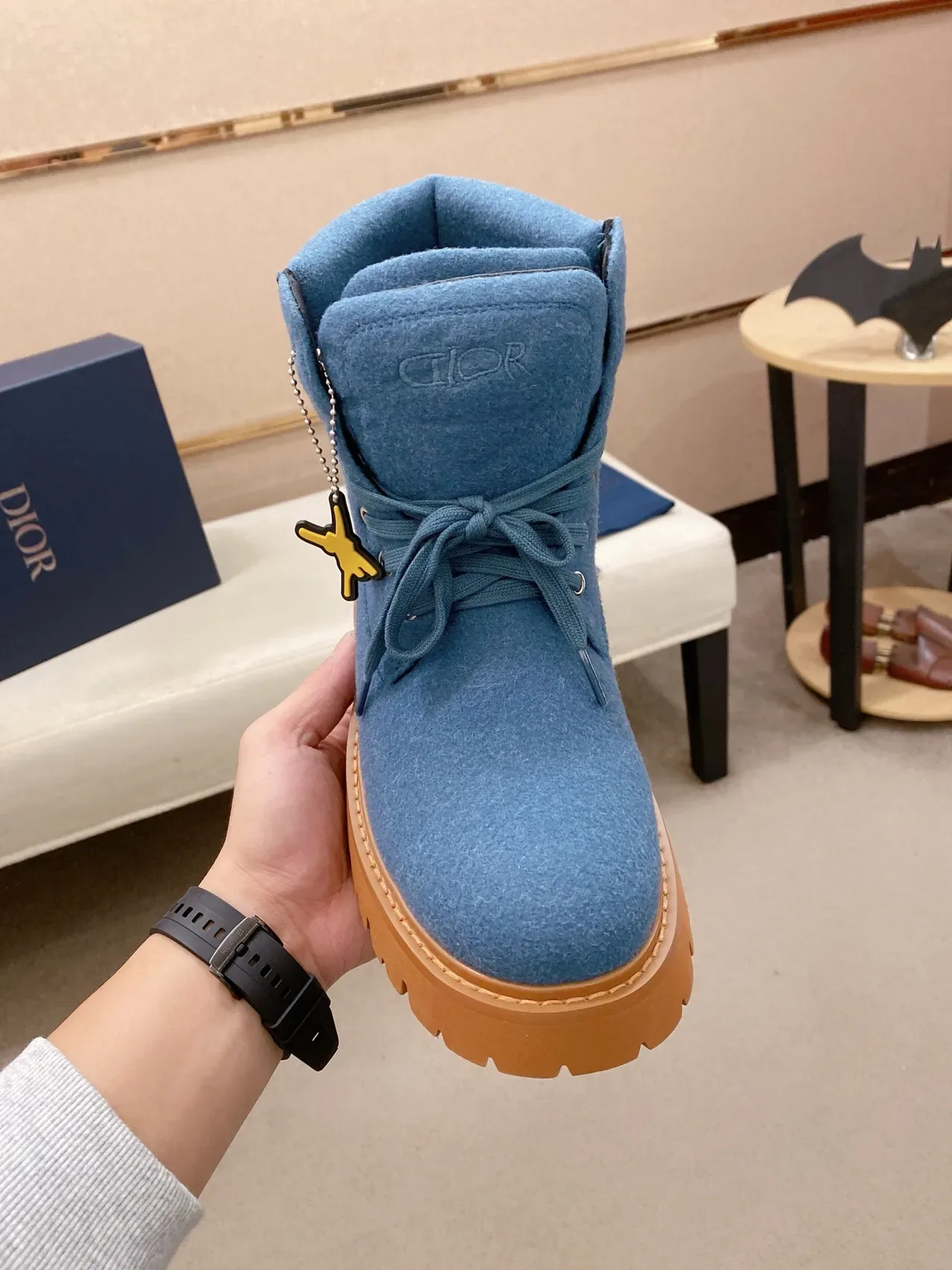Dior Bottes de travail empeigne feutre bleu marron semelle chunky lug 6